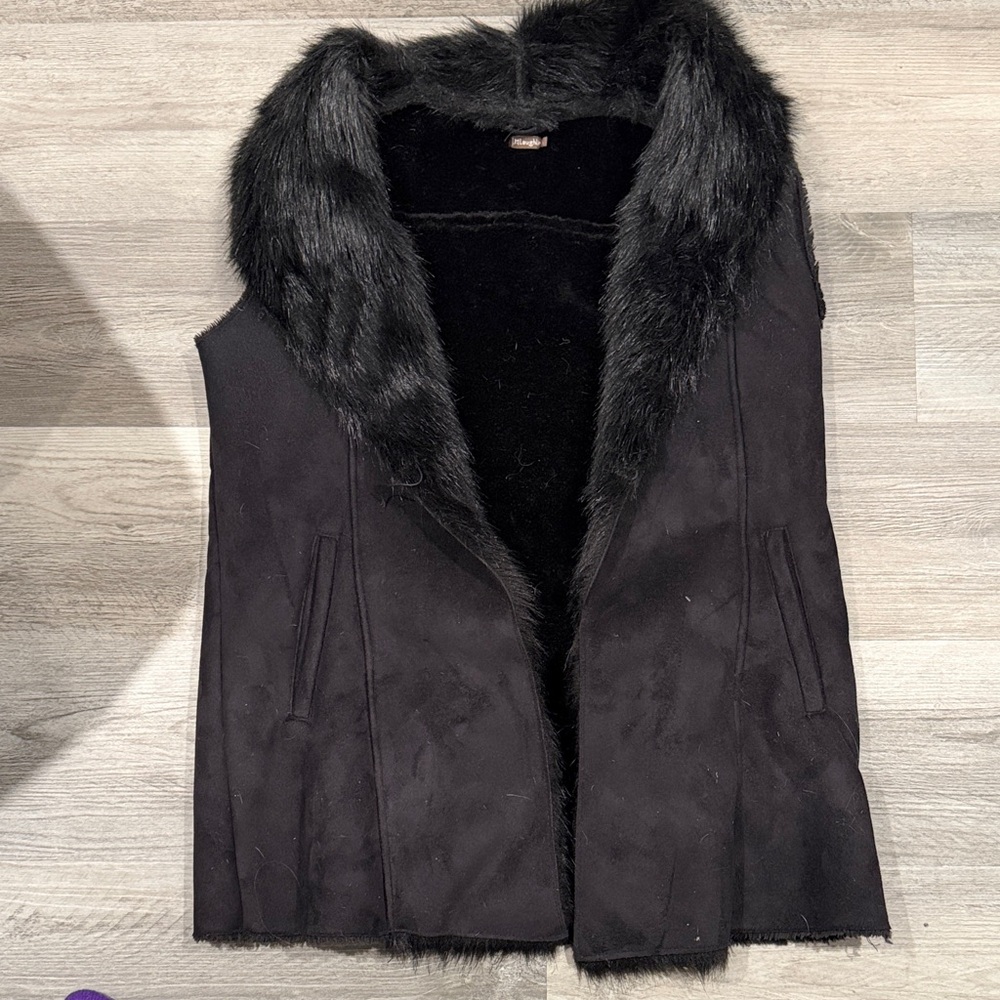 Black Faux Fur Trim Vest for Women